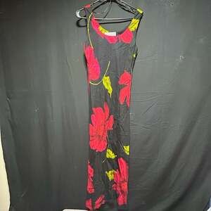 VTG Cottagecore 90s Black Pink Floral Maxi Dress Rayon Size 8 Retro